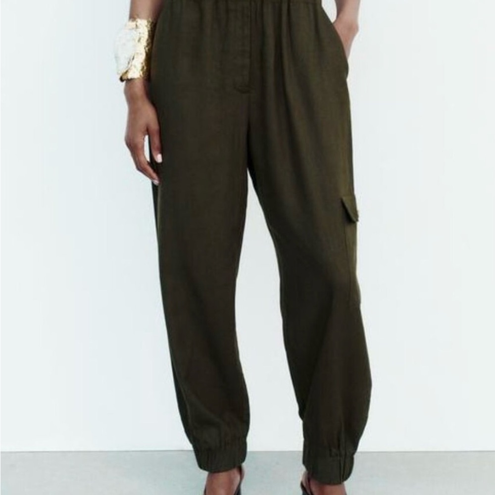 Zara Jumpsuit Dark Green Button-Up Linen Blend Size XL - Picture 6 of 15